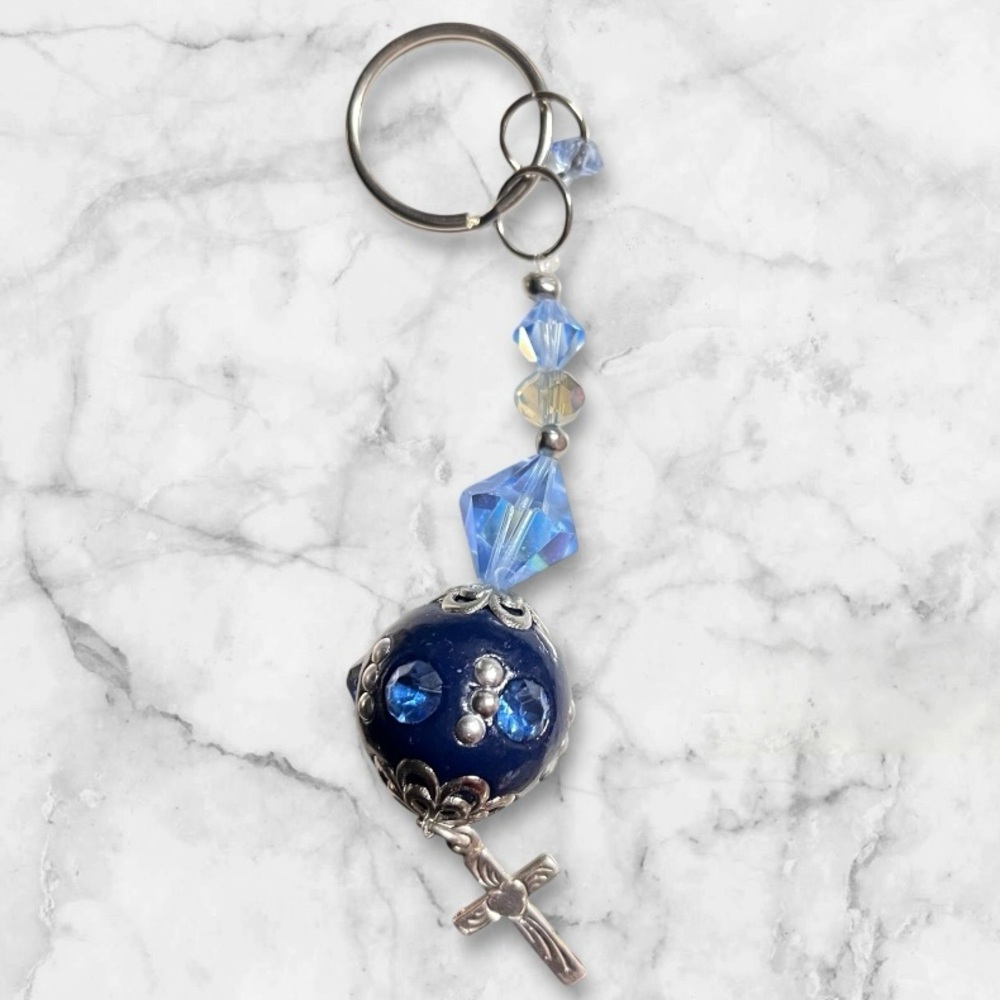 Hand Crafted Blue Gem Keychain with Cross Charm 🌟